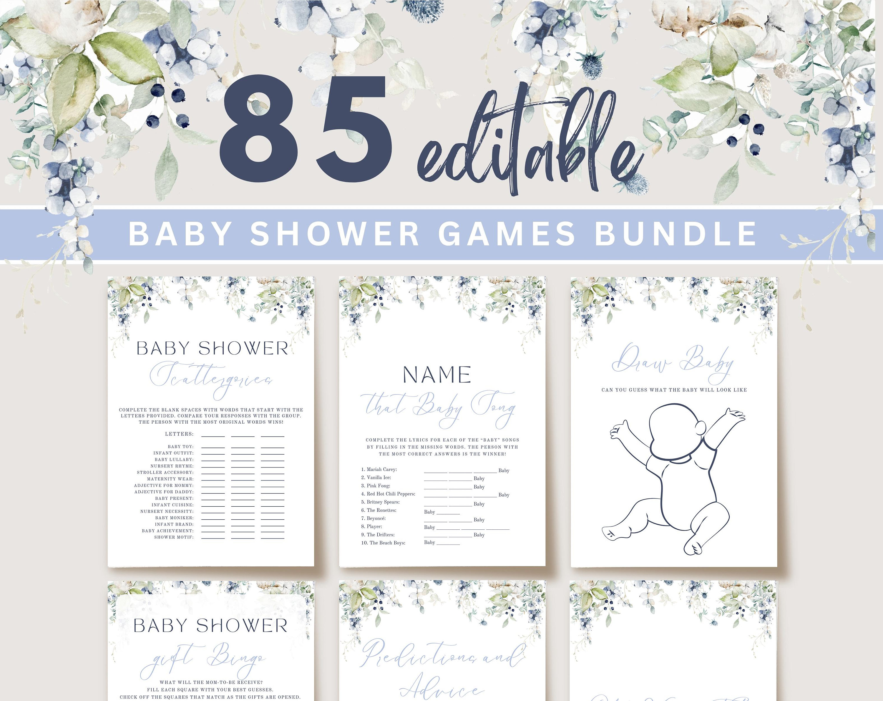 Dusty Blue Baby Shower Games Bundle: Baby in Bloom Theme, Editable ...