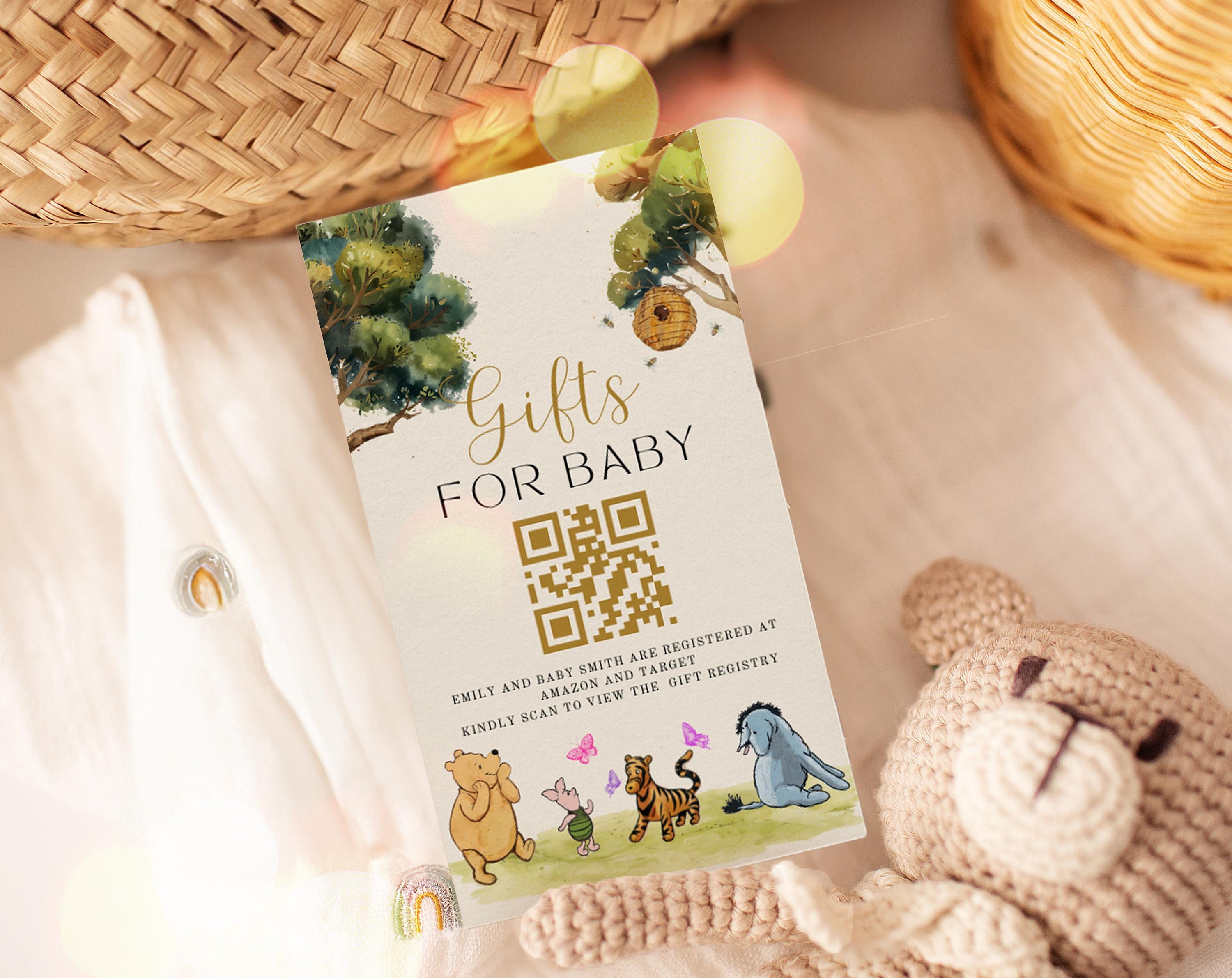 Winnie the Pooh Baby Shower Favor Tags With QR Code (canva