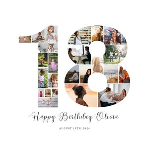Puede incluir: Sobre un fondo blanco, un collage de fotos con la forma del número 18, lleno de varias fotos. Debajo, el texto dice "Happy Birthday Olivia" y "August 15th, 2024".