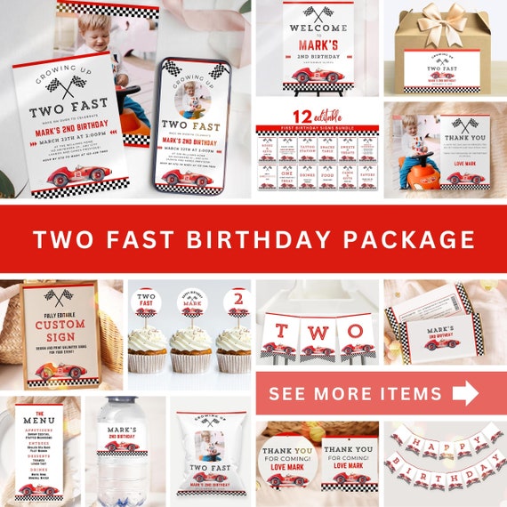Editable Two Fast Birthday Bundle, Race Car Birthday Bundle, 2nd Birthday Red Retro Race Car Bundle, Two Fast Birthday Race Race Decor,UK2KB