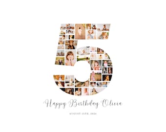 5th Birthday Photo Collage Template: 40 Photo Number 5 Design (Digital Download)