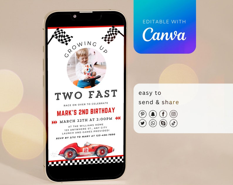 Editable Two Fast Birthday Canva Template
