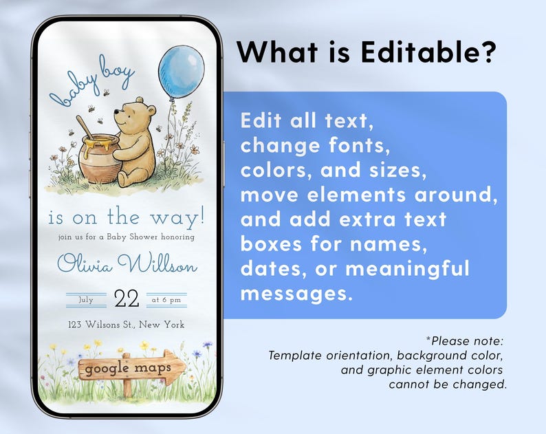 Classic Winnie the Pooh Website Invitation with RSVP, Baby Boy Shower Mobile Evite, Digital Canva Template