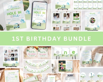 Hole in One Birthday Invitation Bundle, Golf First Birthday Boy Bundle, Hole in One Birthday Package Decor with a Blue Golf Cart, UK6BR