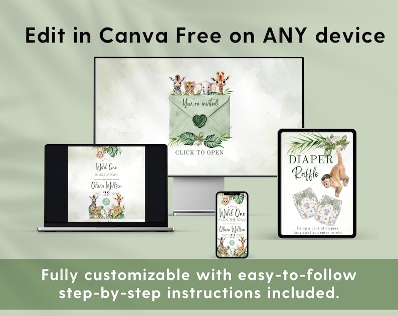 Wild One Safari Invitation Website Template editable in Canva with cute animations