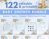 Boy Winnie the Pooh Baby Shower Bundle, Editable Printable Games, Signs, Tickets, Digital Download