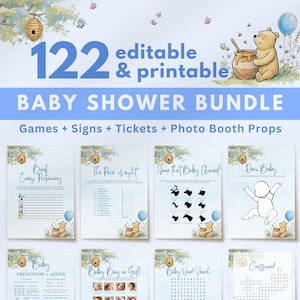 Boy Winnie the Pooh Baby Shower Bundle, Editable Printable Games, Signs, Tickets, Digital Download