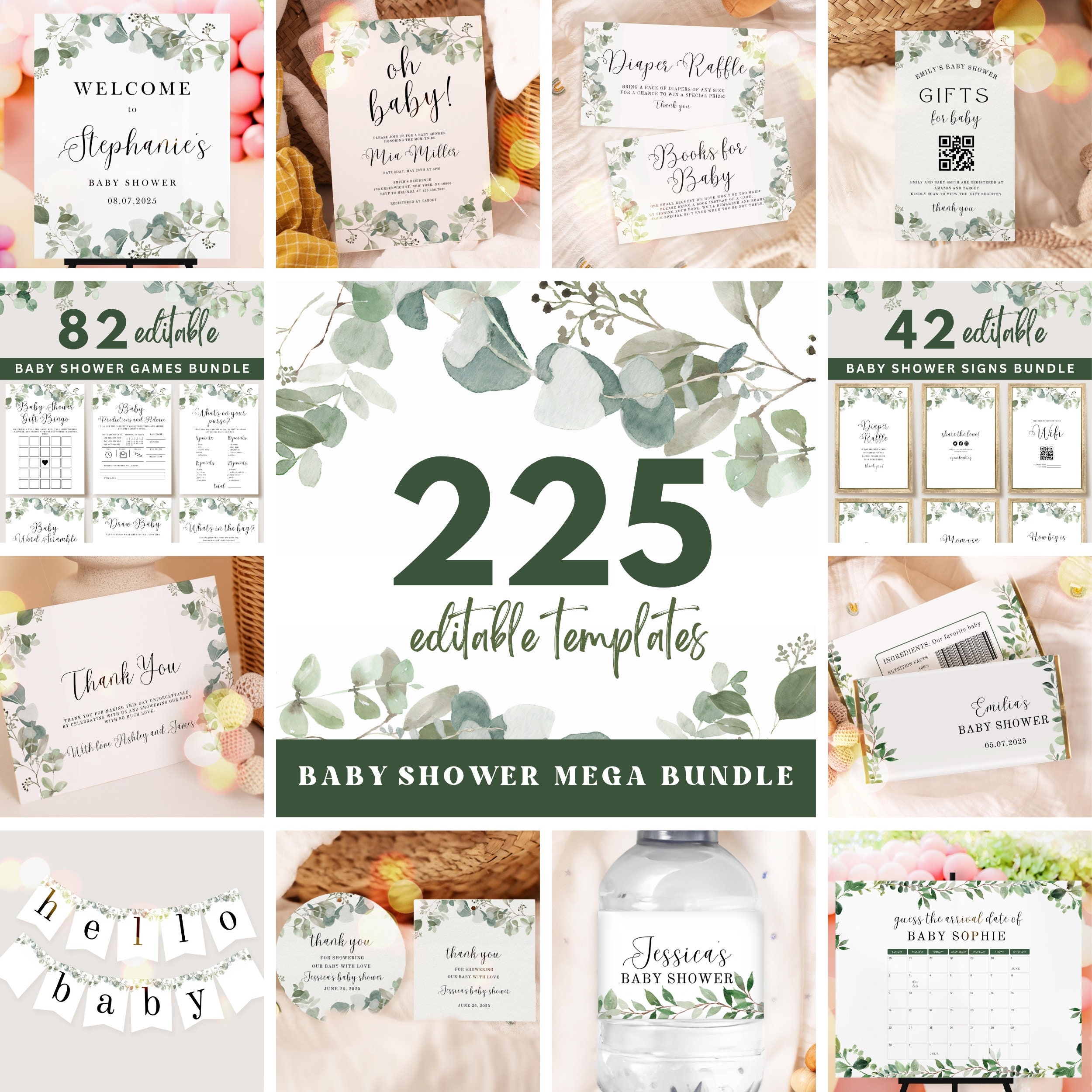 Eucalyptus Baby Shower Games, Editable Invitation Template, Baby in Bloom Baby Shower Games, Eucalyptus Baby Shower Sign, UK5BX