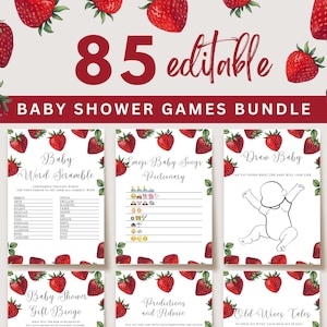 Strawberry Baby Shower Games, Editable Strawberry baby shower Games bundle, Strawberry, A Berry Sweet Baby Shower Games Template, UK37X