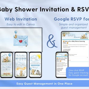 Classic Winnie the Pooh Baby Shower Website Invitation, Baby Boy RSVP Evite, Digital Mobile Invite, Editable Canva Template