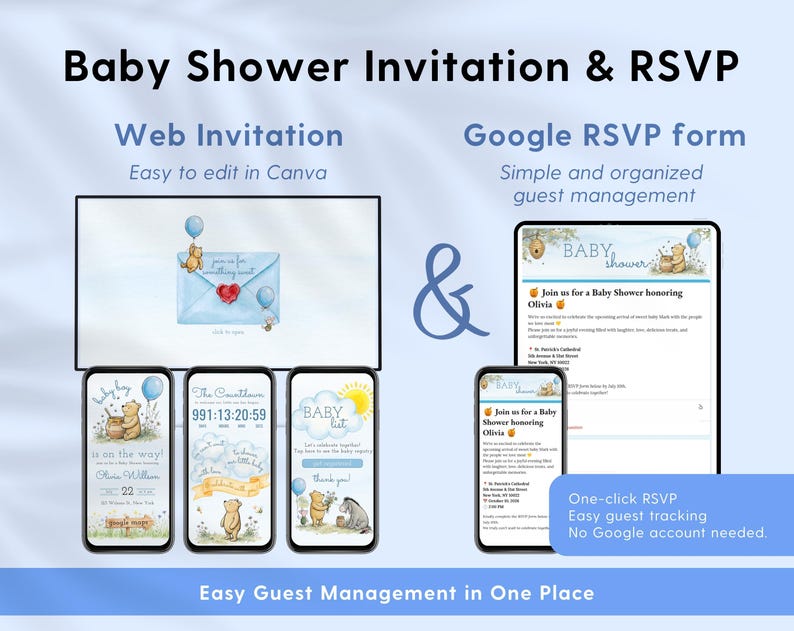 Classic Winnie the Pooh Baby Shower Website Invitation, Baby Boy RSVP Evite, Digital Mobile Invite, Editable Canva Template