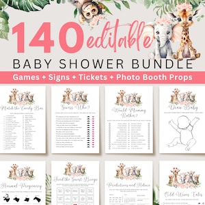 Editable Girl Safari Baby Shower Games Bundle, Girl Safari Animals Baby Shower Activity, Pink Floral Safari Printable Games Bundle, UK47X