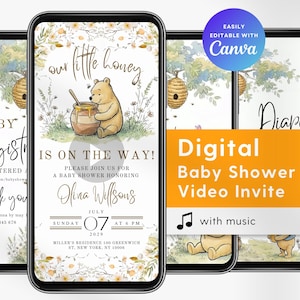 Puede incluir: Invitación de video digital para baby shower con Winnie the Pooh. El diseño incluye el texto "our little honey is on the way" y detalles del evento. Fácilmente editable con Canva.