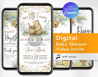 Animated Winnie the Pooh Baby Shower Digital Invitations | Editable Canva Template