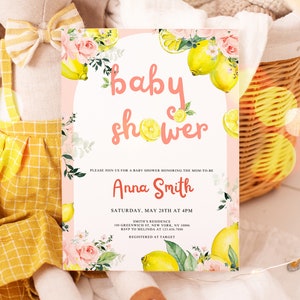 Editable Lemonade Baby Shower Invitation, Pink Lemon Floral Baby Shower Invitation Printable, Girl Baby Shower, Summer Baby Shower, UK22X