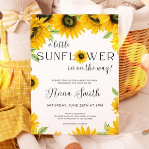 Editable Sunflower Baby Shower Invitation, a Little Sunflower in on the Way Baby Shower Invite, Girl Baby Shower Invitation, UK25X
