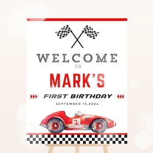 Editable Race Car Birthday Welcome Sign, Fast One Retro Car Welcome Sign, 1st Birthday Boy Welcome Sign, First Birthday Welcome Sign, UK10B