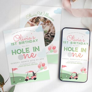 Zaproszenie na pierwsze urodziny w golfa, zaproszenie na urodziny Hole in One, zaproszenie na urodzinową dziewczynkę, różowy szablon zaproszenia na pierwsze urodziny, UK8BR