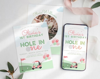 Golf First Birthday Invitation, Hole in One Birthday Invitation, Birthday Girl Invitation, Pink First Birthday Invitation Template, UK8BR