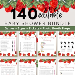 Strawberry Baby Shower Games, Printable Baby Shower Games Bundle, Berry Sweet Baby Shower, Baby Shower Sign Strawberry, Baby Girl, UK38X