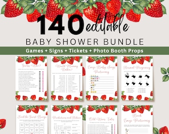 Strawberry Baby Shower Games, Printable Baby Shower Games Bundle, Berry Sweet Baby Shower, Baby Shower Sign Strawberry, Baby Girl, UK38X