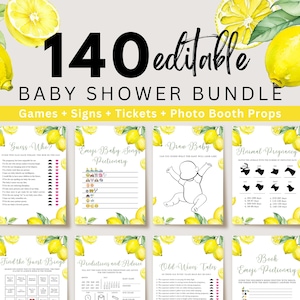 Editable Lemon Baby Shower Games Bundle, Summer Baby Shower Games Set, Baby Shower Bingo, Lemon Baby Shower, Canva Template, UK21X