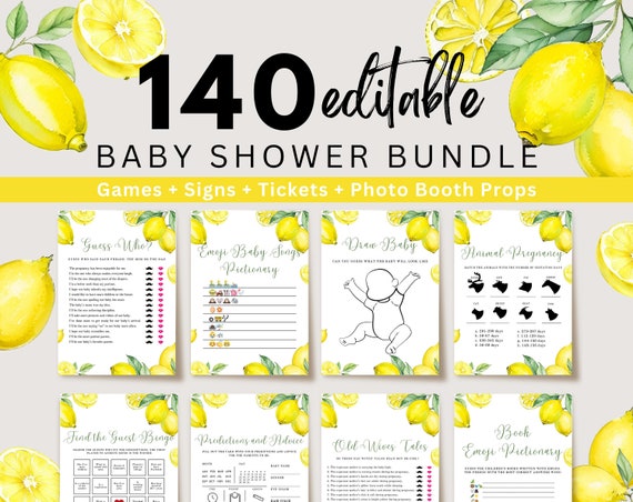 Editable Lemon Baby Shower Games Bundle, Summer Baby Shower Games Set, Baby Shower Bingo, Lemon Baby Shower, Canva Template, UK21X
