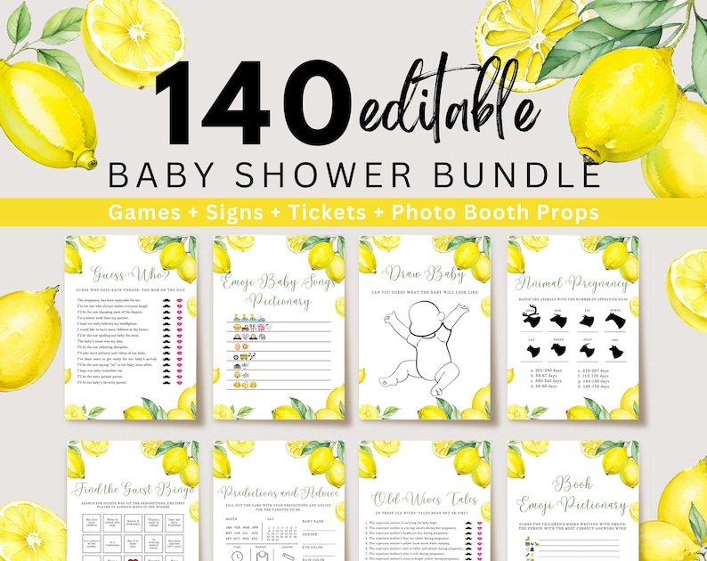 May include: A set of 140 editable baby shower games, signs, tickets, and photo booth props with a lemon theme. The games include "Guess Who?", "Emoji Baby Songs Pictionary", "Draw Baby", "Animal Pregnancy", "Find the Guest Bingo", "Predictions and Advice", "Old Wives Tales", and "Book Emoji Pictionary".