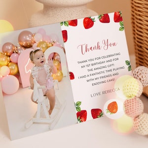 Carte de remerciement modifiable aux fraises avec photo, cartes de remerciement pour le premier anniversaire des baies, cartes de remerciement pour le 1er anniversaire des baies, UK2BR