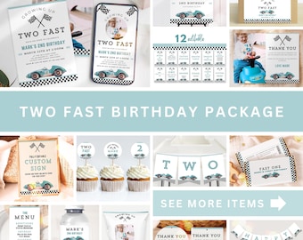 Editable Two Fast 2nd Birthday Invitation Bundle: Blue Retro Race Car UK3KB