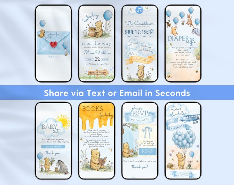 Winnie the Pooh Baby Shower Digital Website Invitation, Baby Boy RSVP Mobile Evite, Classic Pooh Canva Template