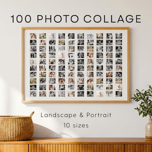 Pode incluir: Uma colagem de fotos emoldurada com 100 imagens em preto e branco, dispostas em uma grade. A moldura é de madeira clara. O texto "100 PHOTO COLLAGE" está no topo. Abaixo, lê-se "Landscape & Portrait" e "10 sizes".