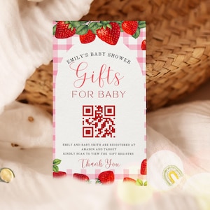 Cadeau code QR pour baby shower aux fraises, carte modifiable de registre de bébé aux fruits rouges, cadeaux de baby shower aux fruits rouges pour bébé, téléchargement numérique, UK81X