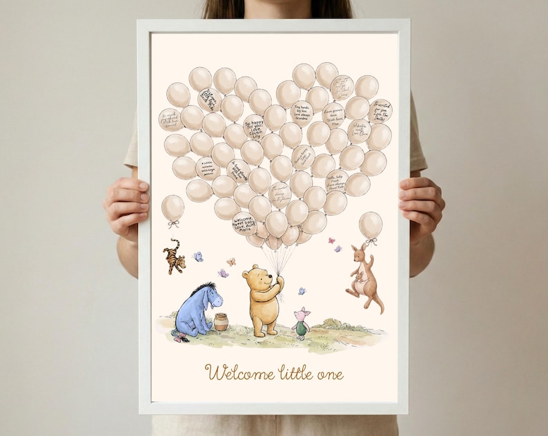 Balloon themed Pooh baby shower guest book sign