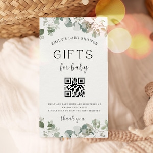 Modelo de presente para chá de bebê com código QR de eucalipto editável, cartão de registro de bebê Baby in Bloom, decoração de chá de bebê com eucalipto, UK5BX