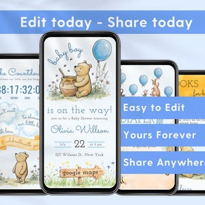 Editable Classic Pooh Baby Shower Website Invitation, Winnie the Pooh RSVP Mobile Evite for Boy, Canva Template