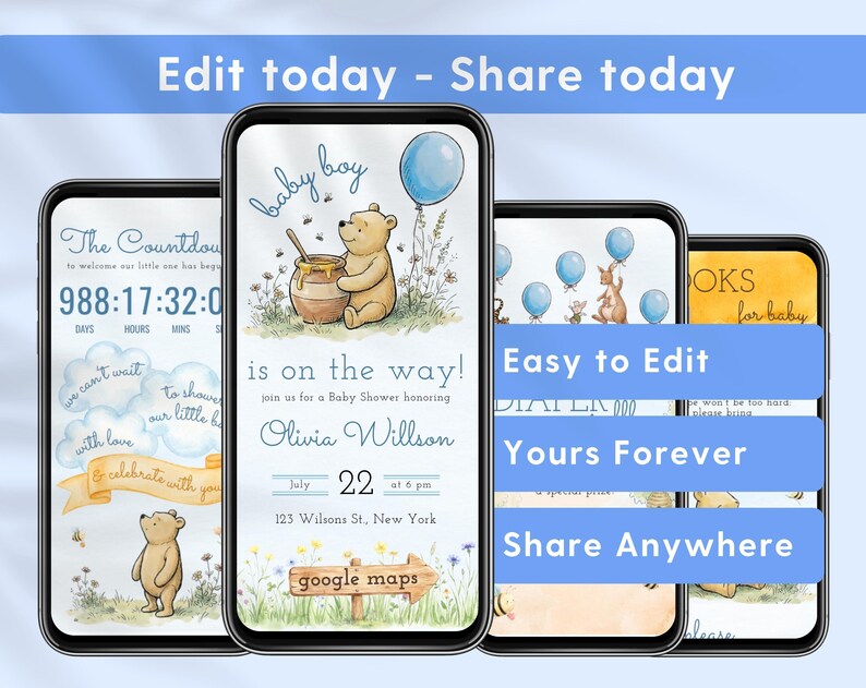 Editable Classic Pooh Baby Shower Website Invitation, Winnie the Pooh RSVP Mobile Evite for Boy, Canva Template