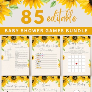 Bearbeitbares Sonnenblumen-Babyparty-Spielepaket, Mädchen-Babyparty-Spiele, rustikale Babyparty druckbare Spiele, Boho-Sonnenblumen-Babyparty, UK25X
