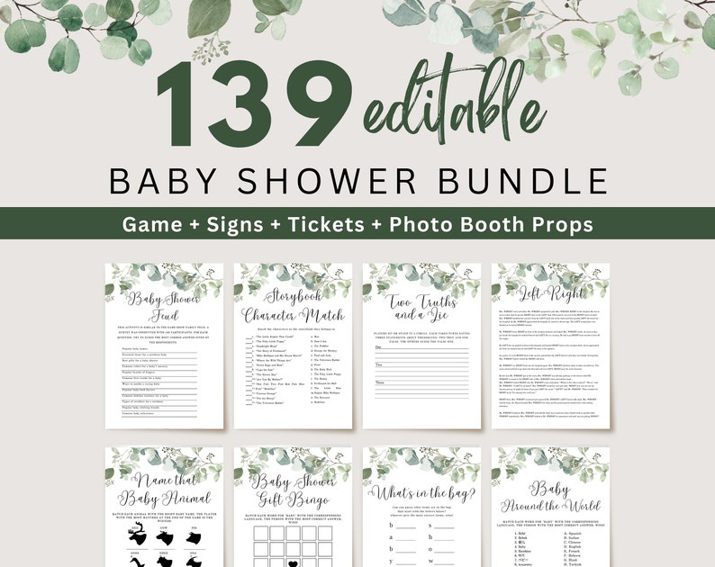 Editable Eucalyptus Baby Shower Games Bundle Greenery Etsy Canada