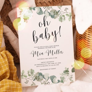 Editable Eucalyptus Baby Shower Invitation, Greenery Eucalyptus Baby Shower Invitation Printable, Greenery Oh Baby Baby Shower Invite, UK5BX
