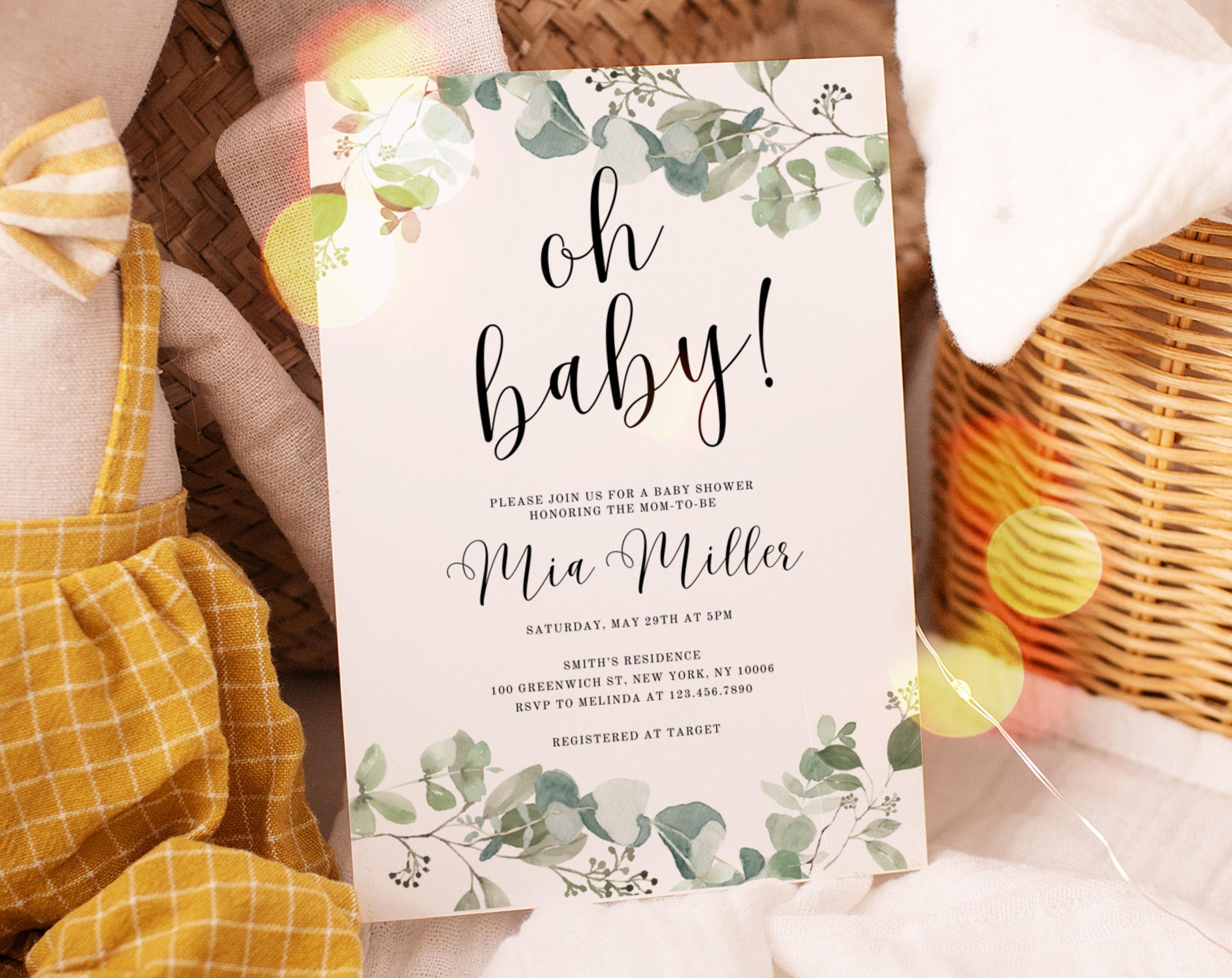 Editable Eucalyptus Baby Shower Invitation, Greenery Eucalyptus Baby Shower Invitation Printable, Greenery Oh Baby Baby Shower Invite, UK5BX