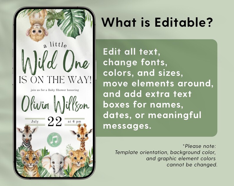 Safari Baby Shower Invitation Website featuring animated safari animals and RSVP