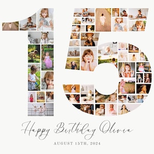 Plantilla de fotografía editable para el 15.° cumpleaños, póster de collage de fotos, collage de números de cumpleaños, collage de fotos de cumpleaños de 15 años, UK25C