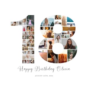 18th Birthday Photo Collage Template: 48 Photos, Printable Number 18 (PDF Download)