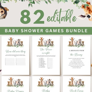Safaritiere-Babypartyspiele, bearbeitbares Safari-Dschungel-Babypartyspiele-Bundle, druckbares Safari-Babypartyspiele-Set, UK46X