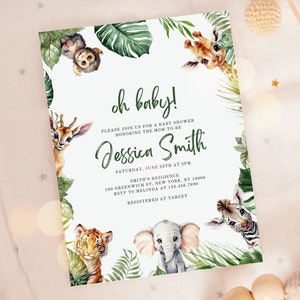 May include: Baby shower invitation with a jungle theme. The invitation features watercolor illustrations of a monkey, giraffe, deer, tiger, elephant, and zebra, surrounded by green tropical leaves. The text reads "oh baby!" and includes event details.