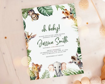 Puede incluir: Invitación a un baby shower con temática de jungla. La invitación presenta ilustraciones de acuarela de un mono, una jirafa, un ciervo, un tigre, un elefante y una cebra, rodeados de hojas tropicales verdes. El texto dice "oh baby!" e incluye detalles del evento.