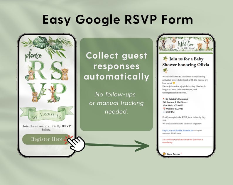 Wild One Safari Digital Invitation Website editable in Canva with RSVP feature