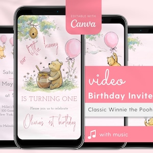 May include: A digital birthday invitation featuring Winnie the Pooh. The design includes illustrations of Pooh Bear, honey pots, and balloons. Text includes "Is Turning One" and "Olivia's 1st birthday". The invitation is editable with Canva.