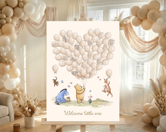 Balloon Winnie the Pooh Baby Shower Guest Book | Alternative Guest Book Sign | Editable Canva Template